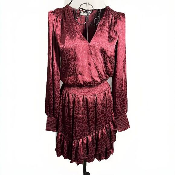MICHAEL KORS NWT Julia Faux Wrap Ruffle Hem Mini Dress Size XS Dark Ruby Cheetah - Picture 2 of 9